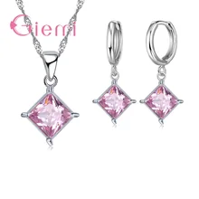 Gran promoción 925 Collar de plata de ley pendientes conjuntos de joyería para mujeres cuadrado clásico de circonita clara Bijoux caliente(China)