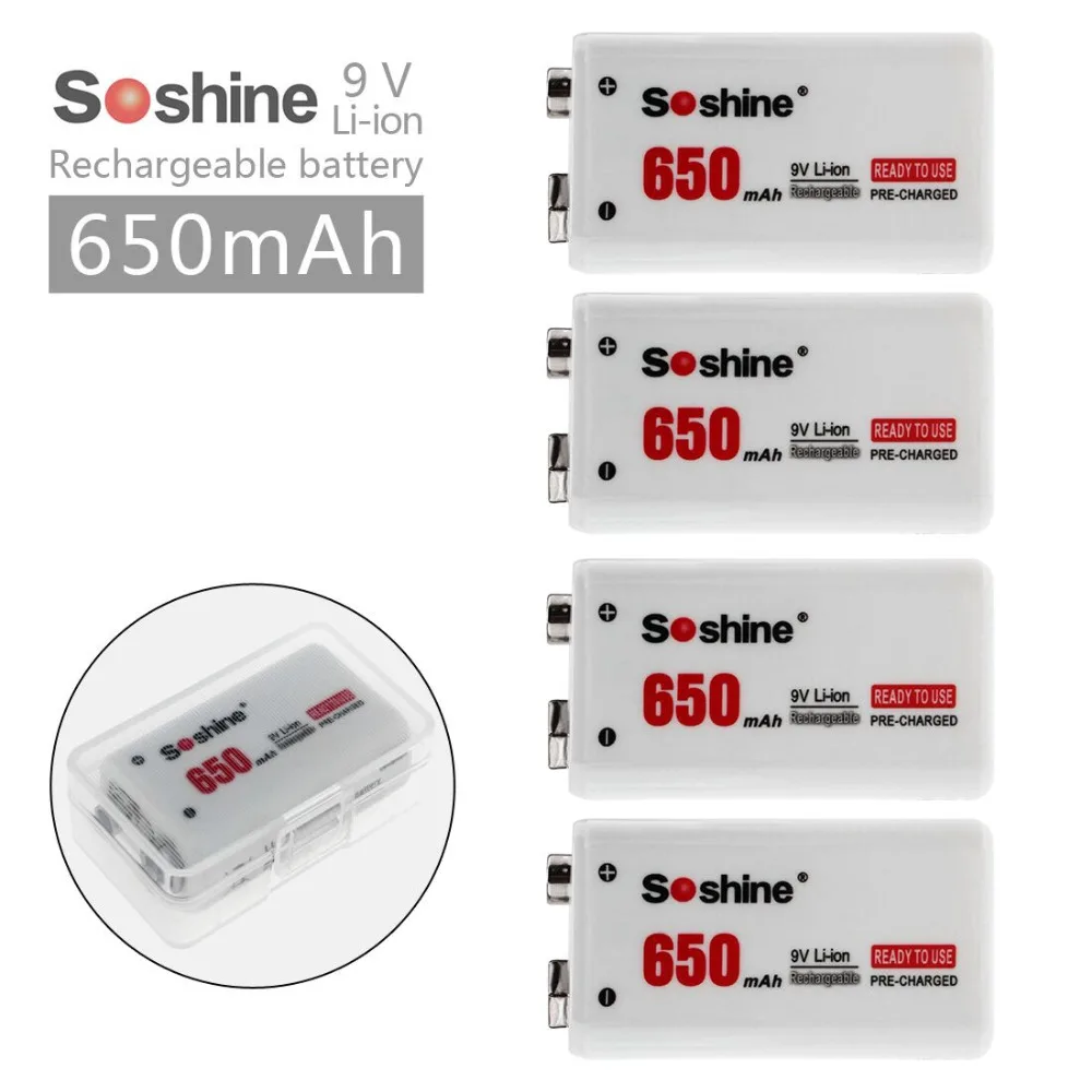 4pcs/set Soshine 6F22 9V 650mAh Li-ion Lithium Rechargeable Battery for Electronic Smoke Guitar