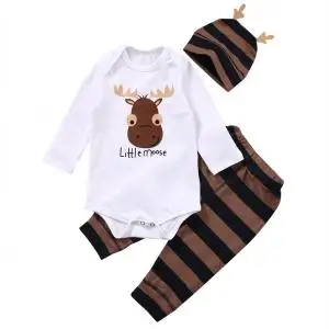 Коллекция года, комплекты одежды для маленьких мальчиков, Рождественская Одежда для новорожденных мальчиков и девочек с изображением маленького лося комбинезон с длинными рукавами, длинные штаны+ шапочка