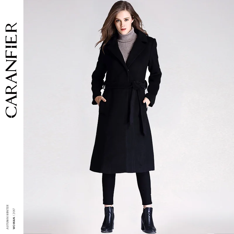 CARANFIER 2017 полушерстяные зимние женские пальто теплый воротник тонкий пояс черный