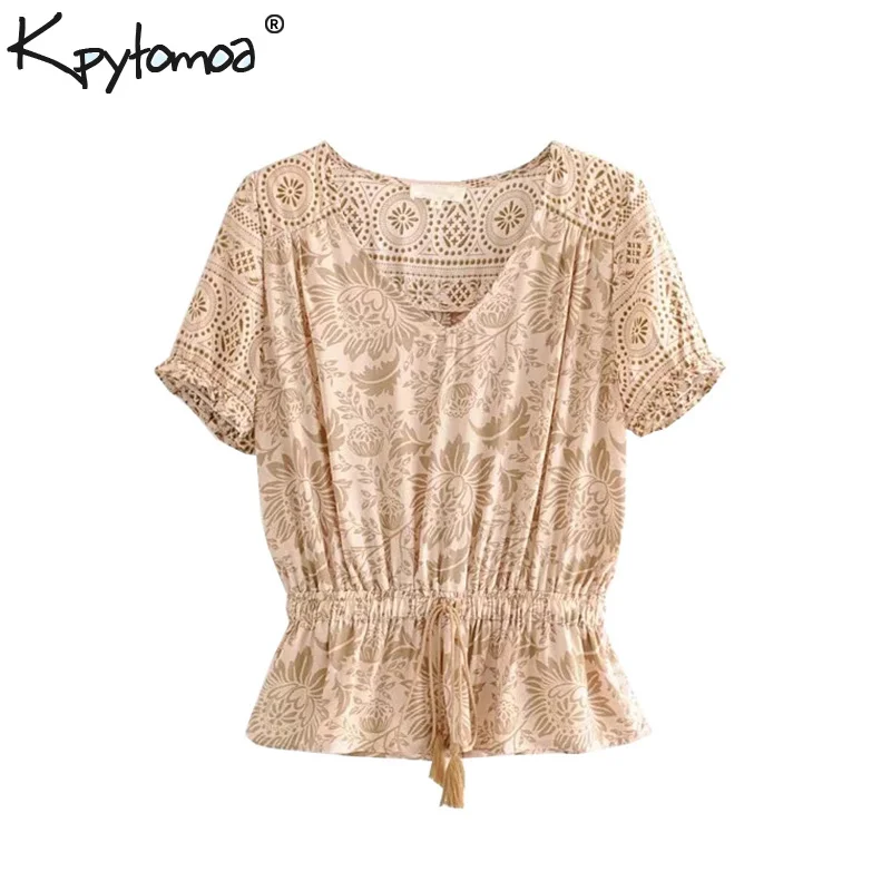 

Boho Chic Summer Tops Vintage Floral Print Blouses Women 2019 Fashion V Neck Short Sleeve Drawstring Tassel Beach Shirts Blusas