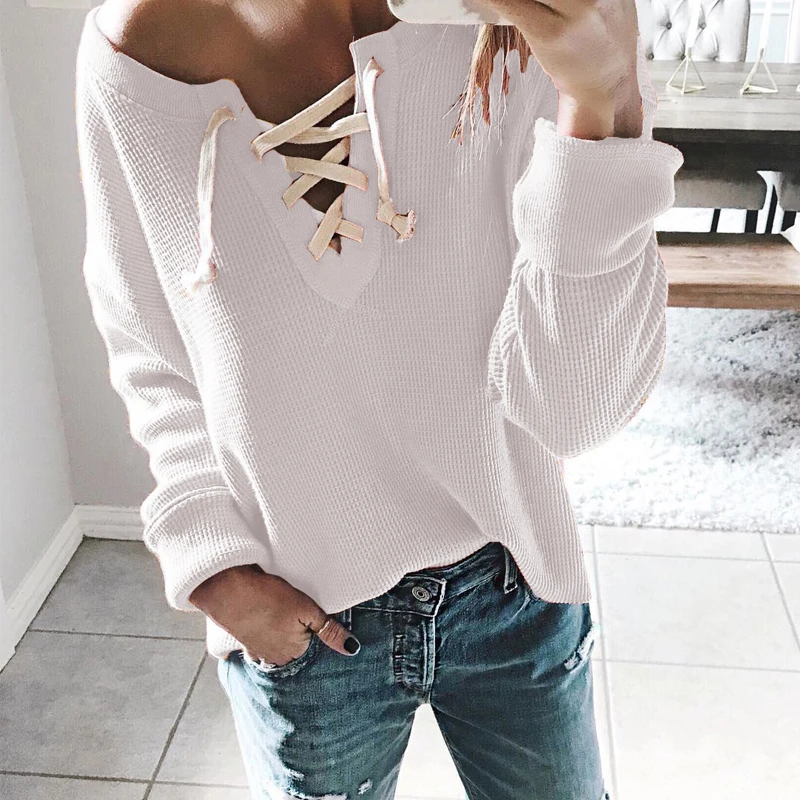 

Thin Pullover Jumper Knitted Sweater Pull Femme V-neck Tie knit Loose Tops Long-sleeved Women's Sweater Multi-color