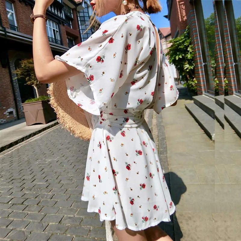 yinlinhe White Floral Playsuit Women Short Sleeve V neck Backless Sexy Summer Playsuit Slim Waist Bowknot Elegant Rompers 9