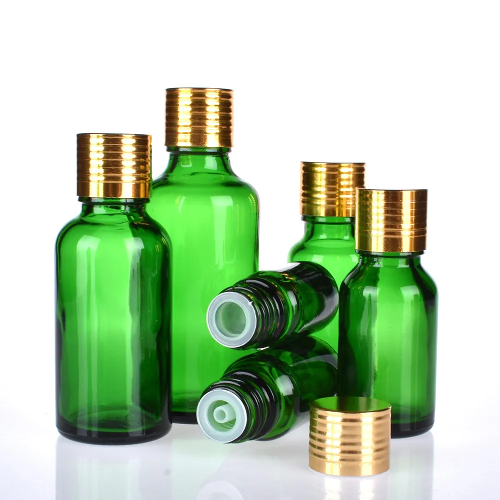 

12pcs/lot 5ML 10ML 15ML 20ML 30ML 50ML 100ML Green Boston Round Glass Essential Oil Bottle Orifice Reducer Gold Aluminum Cap