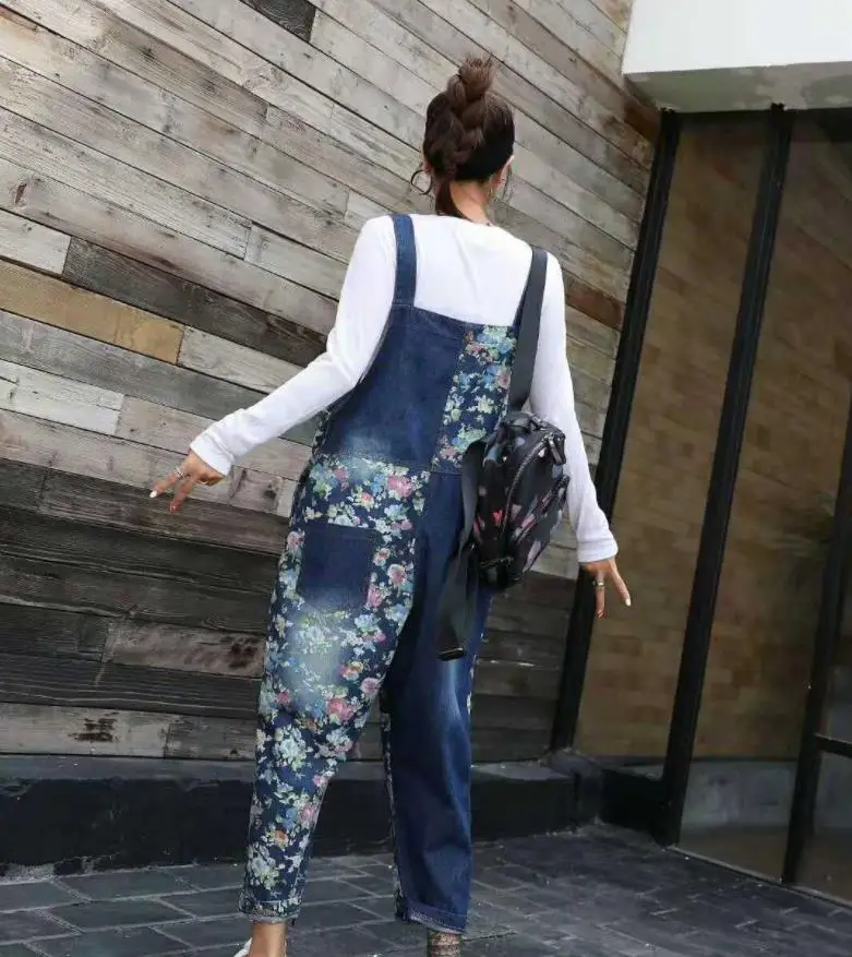 2018 Осенние новые модные брендовые комбинезоны с принтом женские свободные джинсовые комбинезоны Повседневный стиль до щиколотки брюки