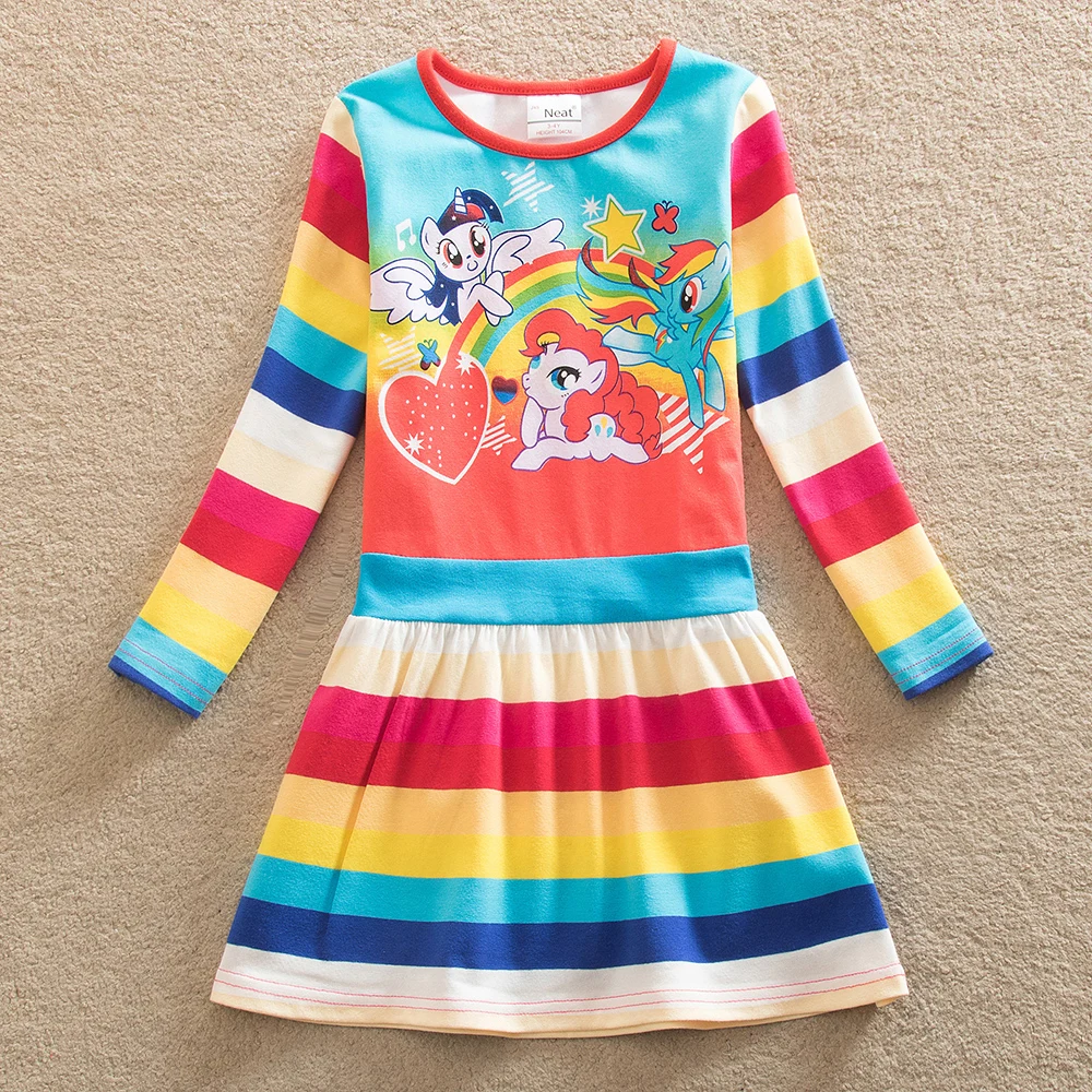 JUXINSU My Baby Girls Little Pony Cartoon Girl Rainbow Long Sleeve Dresses Pony Casual Dress Autumn Winter Home Wear 1-8 Years