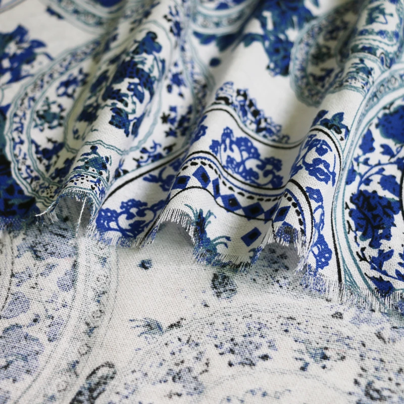Хлопковая льняная ткань с рисунком для шитья, декоративная ткань для дома, китайская синяя и белая ткань