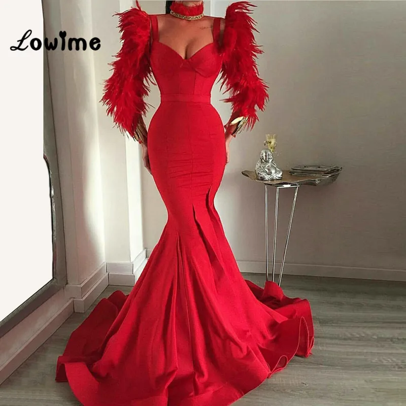 

Arabic Red Feathers Evening Dresses 2018 Slim Mermaid African Party Gown Long Sleeves Prom Dresses Vestido De Festa Longo New