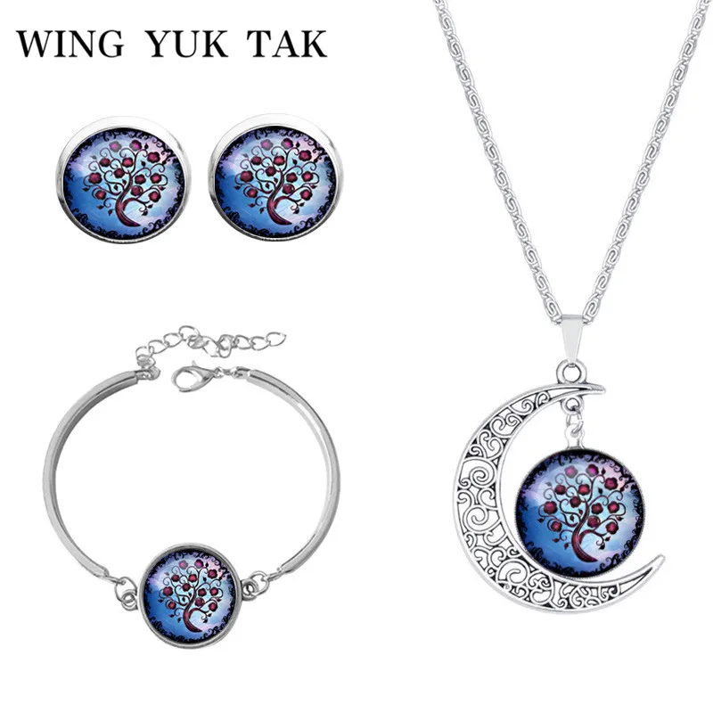 

wing yuk tak Bohemia Jewelry Sets Stainless Steel Silver Color Chain Colorful Tree Moon Pendant Necklace Stud Earrings Bracelet