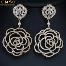 De Calidad superior Cubic Zirconia Ajuste 7 cm Grande Chapado En Oro Rosa Pendientes de Gota Largos Forma Mujeres de la Flor de La Joyería de Lujo CZ331