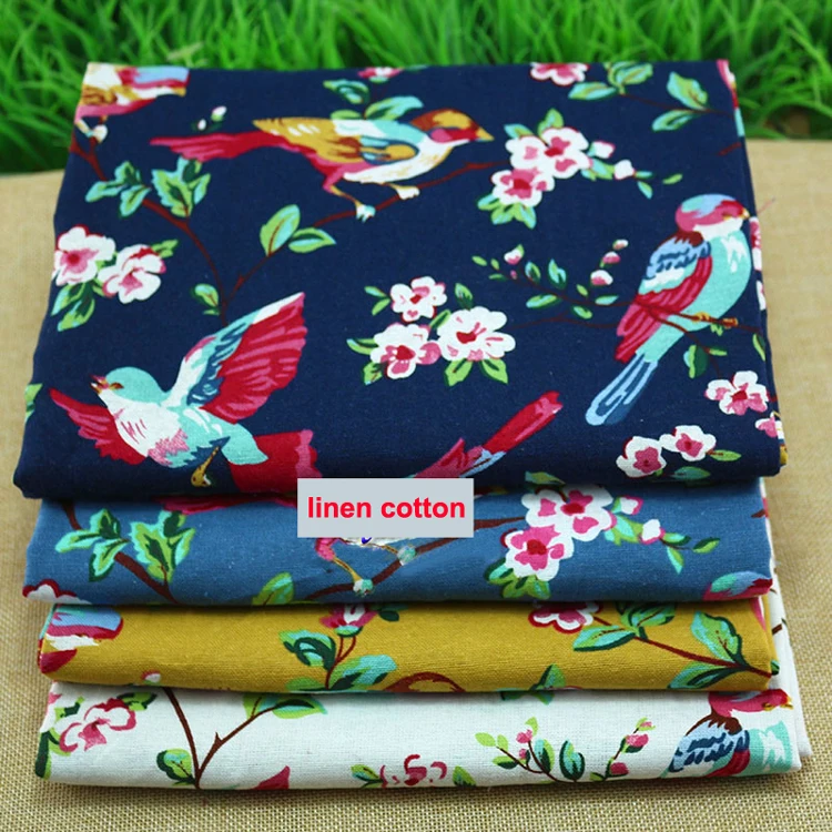 Birds Floral Print Linen Material Cotton Linen Cloth Textiles Patchwork