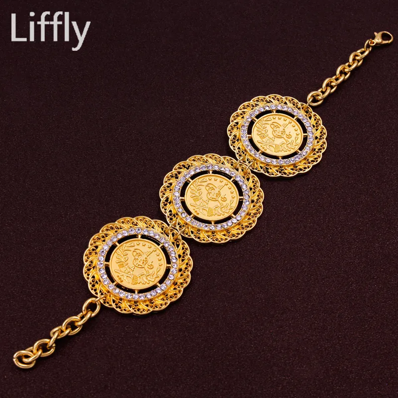 Liffly, классические африканские Золотые Ювелирные наборы из Дубаи, золотая монета, женское свадебное хрустальное ожерелье, серьги, свадебные ювелирные изделия, аксессуары