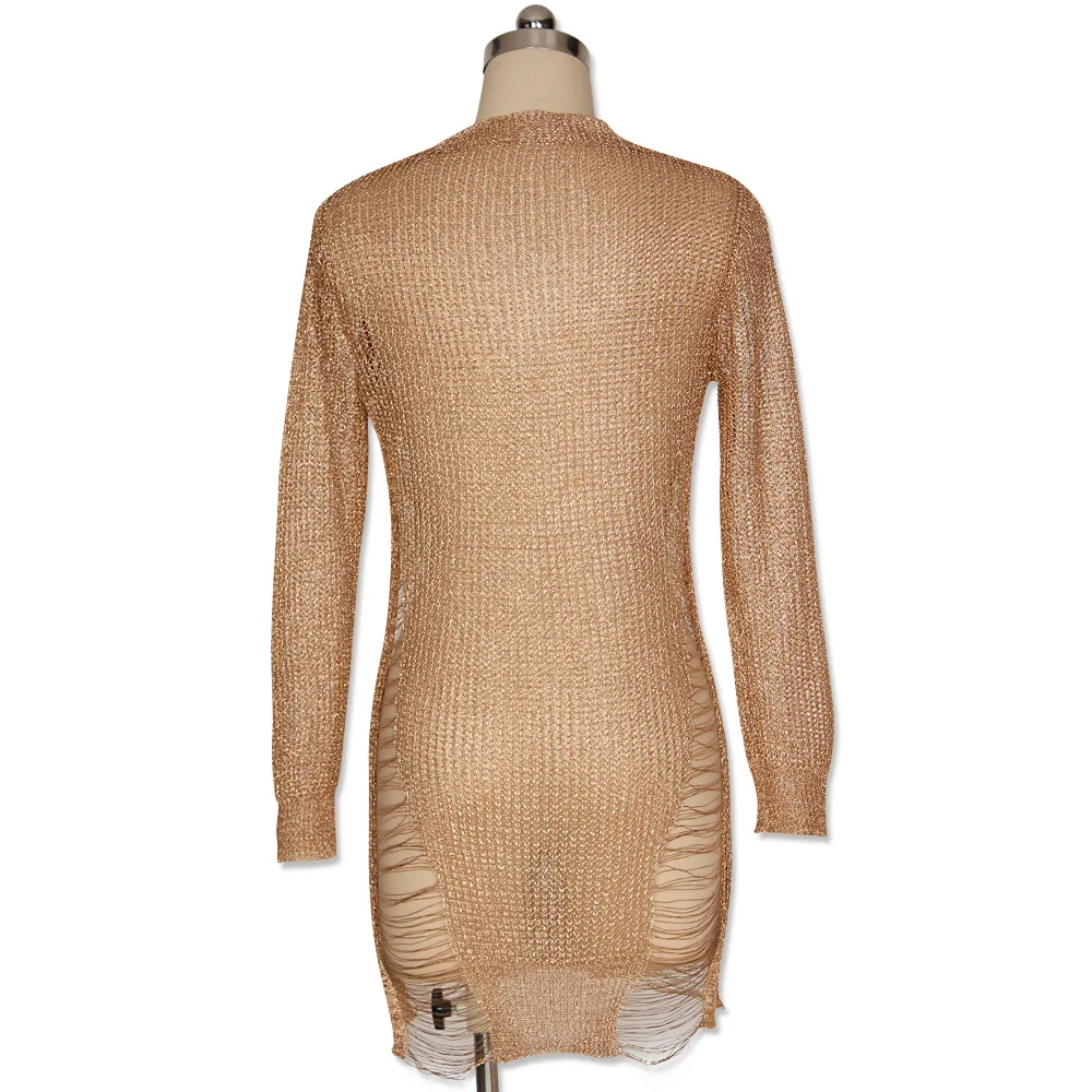 Gold Metallic Knitted Shredded Sweater Dress Popular Stretch Sexy Ladder Cut-Out Metallic hollow out Dress Beach Wear vestidos