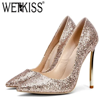 

WETKISS Shallow Stiletto Heels Wedding Shoes Women Pumps Pointed Toe Shoes Bling Slip On Footwear 2018 New Summer Ladies