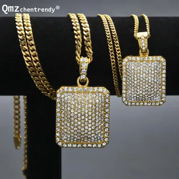 

Hip Hop Bling Imitation Gemstone Full Iced Out Square Dog Tag Pendants Long Cuban Chain Necklace Mens Women Jewelry