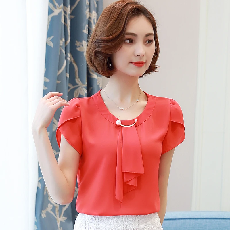 Женская шифоновая блузка с коротким рукавом однотонная офисная лето 2019|chemise