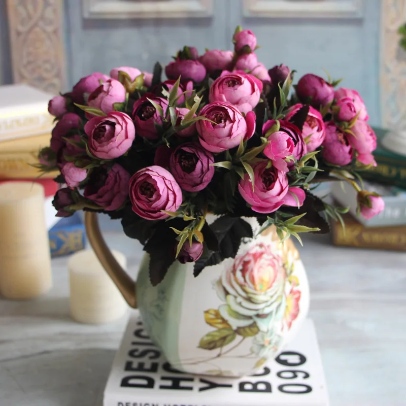 

6 Branches Autumn Artificial Silk Flower Vivid Fake Tea Rose Flower Home Room Bridal Hydrangea Decor