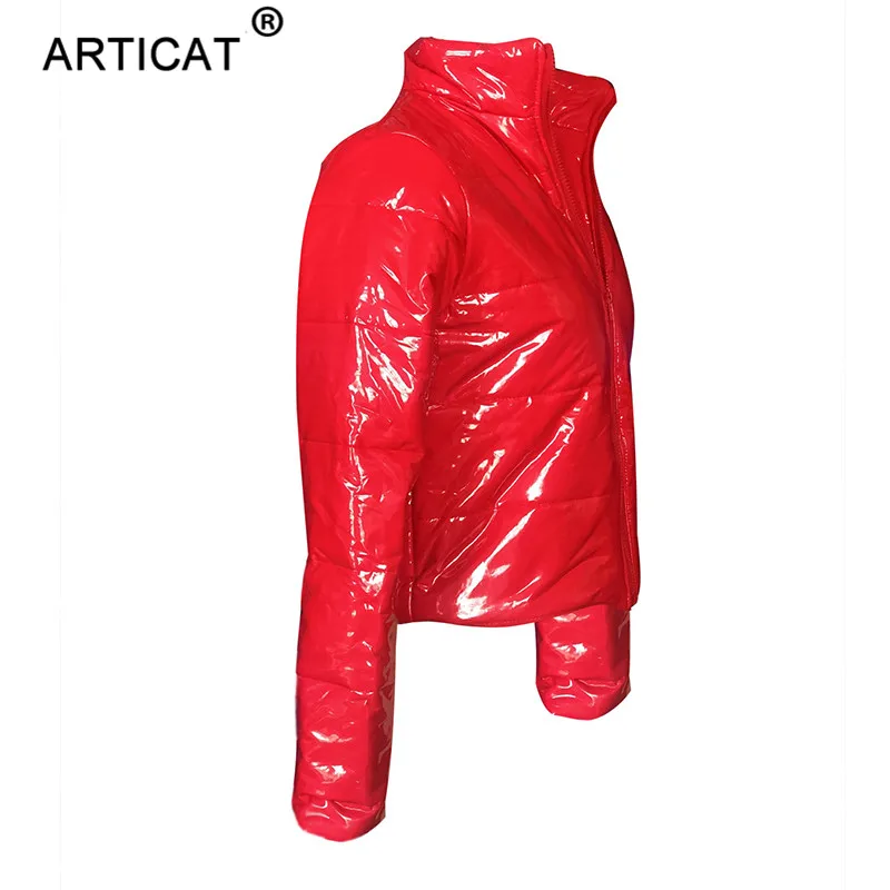 Articat зимняя куртка из искусственной кожи на молнии Женская Короткая Толстая парка со стоячим воротником стеганая куртка Верхняя одежда Пальто-пузырь с длинным рукавом
