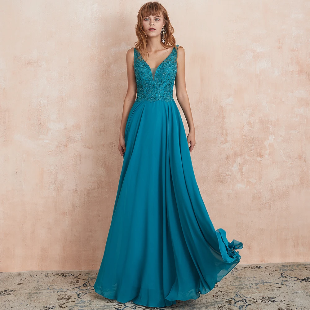 

VKbridal Tank Top Lace Prom Gowns Long Deep V Neck Chiffon Bridesmaid Dresses Plus Size
