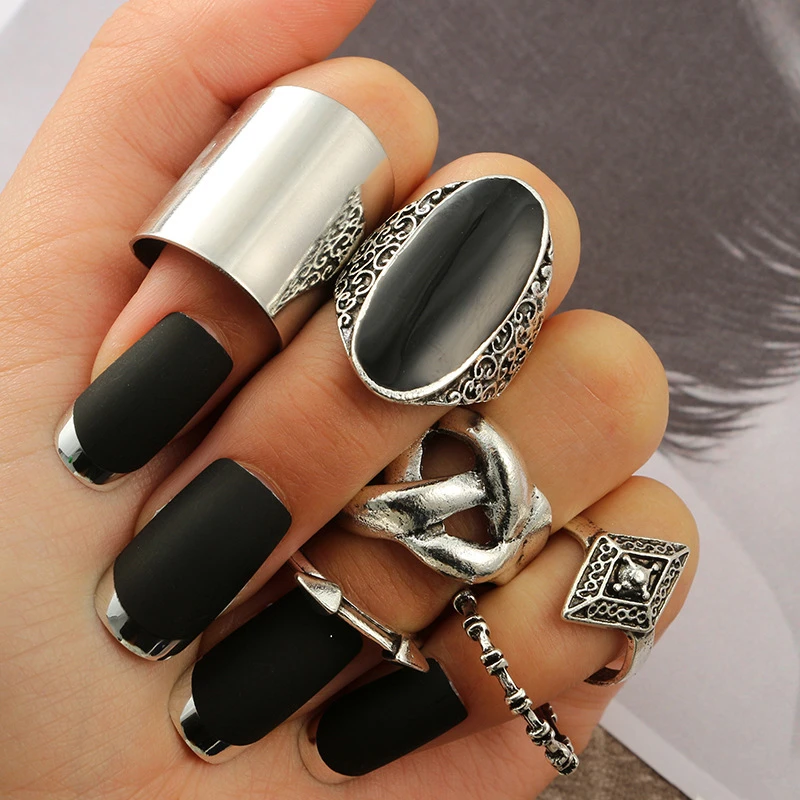 

OUMEILY Ring Vintage Big Punk Black Dubai Midi Mid Finger Knuckle Ring Set For Women Boho Silver Color Rings Rock Jewelry