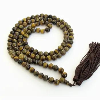 

8mm Tiger Eye Gem Beads Rosary Prayer Meditation 108 Japa Mala Necklace