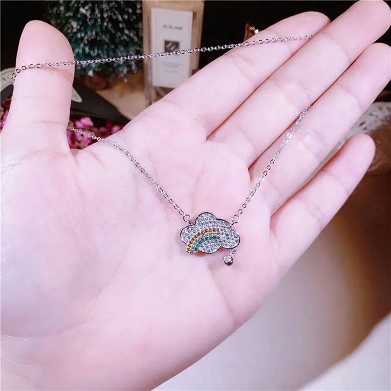 

2018 Simple S925 Sterling Silver Beautiful Rainbow Necklace Micro inlayed zircons Cloudy Rainbow Clavicle Chain Summer women's