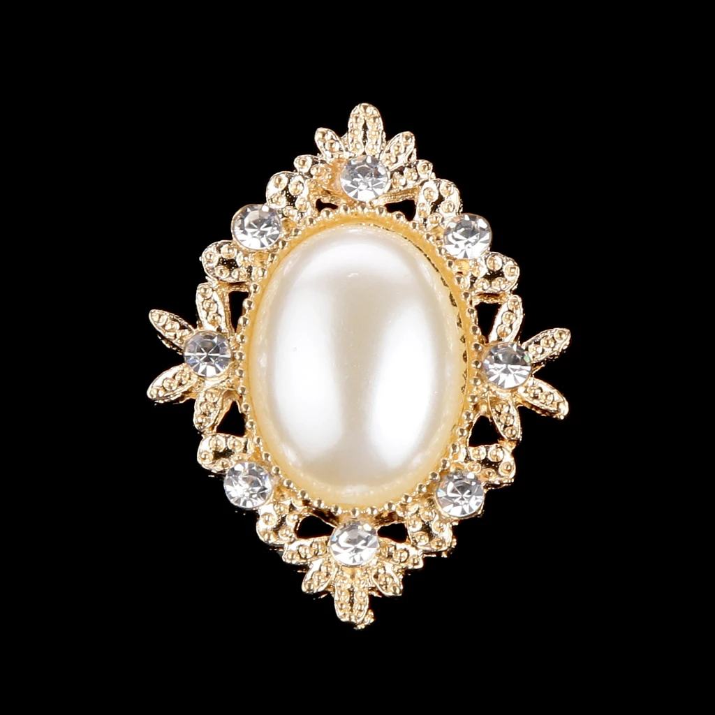 Phenovo 10 Pearl Oval Rhinestone Button Flatback Embellishment Craft Gold