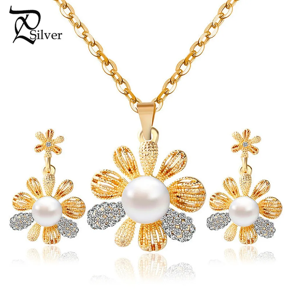 Fashion Jewelry Daisy Flower Pearl Crystal Zircon Earring Necklace Gold