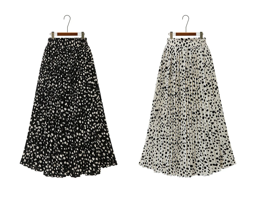 Черный горошек печати плиссированные шифоновая юбка для женщин 2019 летние резинка на талии дамы трапециевидной формы юбки FemmeBeach Saia Миди