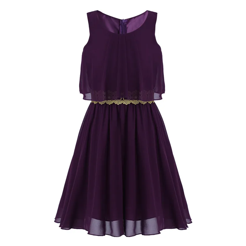 Детское шифоновое платье без рукавов с цветочным узором для девочек Плиссированное гофрированное платье с декоративной отделкой, Летние Повседневные платья размеры от 5 до 12 - Цвет: Dark Purple