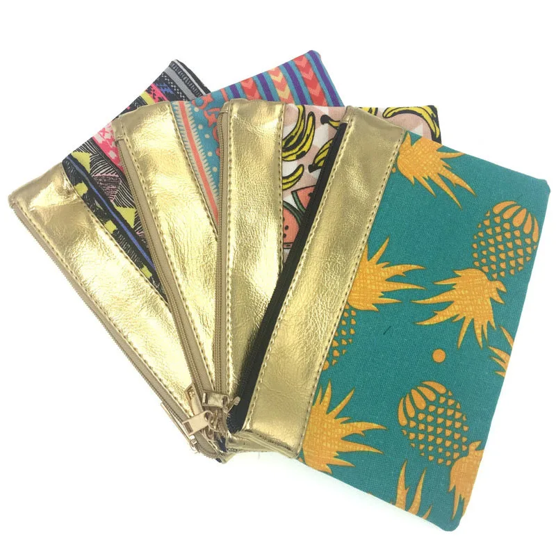 KANDRA Ethnic Patchwork Gold Tone Leather Chevron Cosmetic Bag 2019 Watermelon Fruit Print Canvas Travel Pouch Pineapple