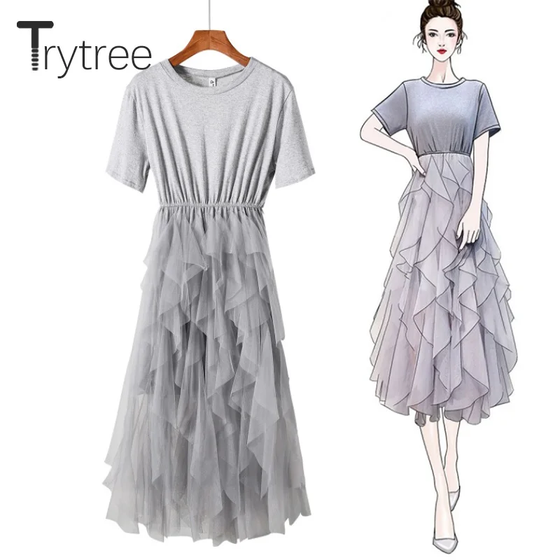 

Trytree 2019 Summer Short sleeve Casual Dress women Cotton Tshirt Patchwork Mesh Cascading Ruffle Hem dresses A-Line Solid Dress