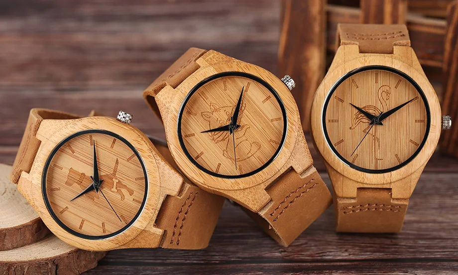 High Quality Men Wood Watch Natural Bamboo Wooden Handamde Lighweight Quartz Wristwatch CatDog Pattern Cute Animal Clock (13)