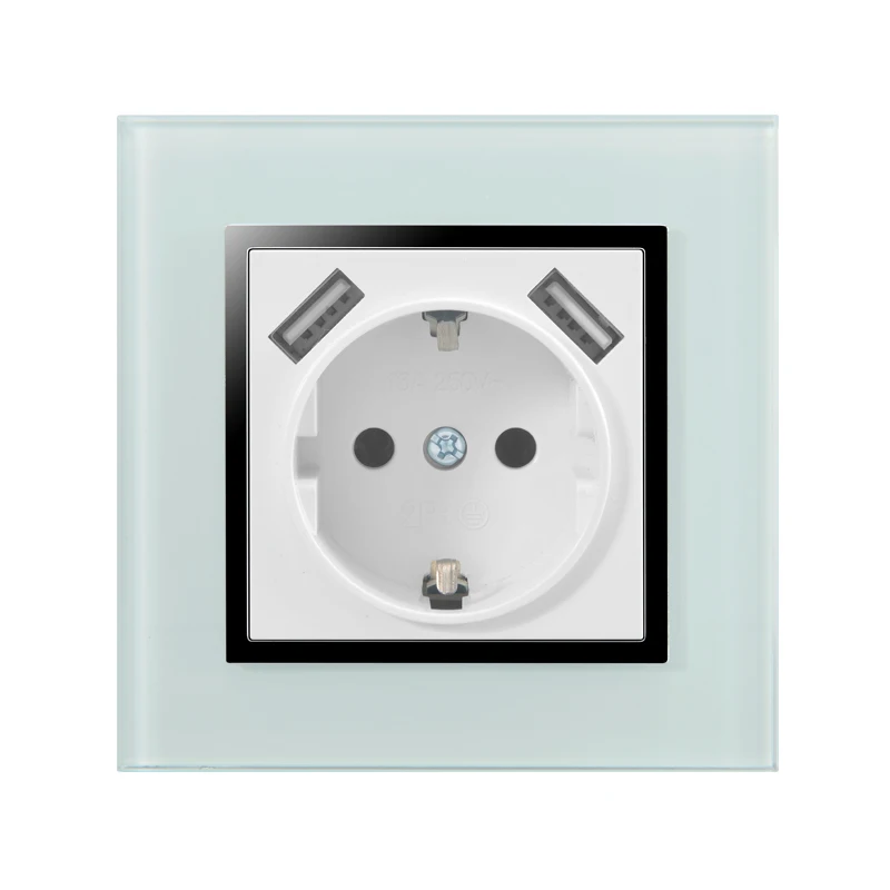 

Hot Double USB Port 5V 2A Glass frame wall socket European Plug Sockets Power Supply Wall Mount Charger Adapter