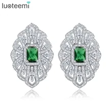 LUOTEEMI Rhodium Plated Brinco Bijoux Silver Color Green Glass Zircon Geometric French Clip Stud Earrings For