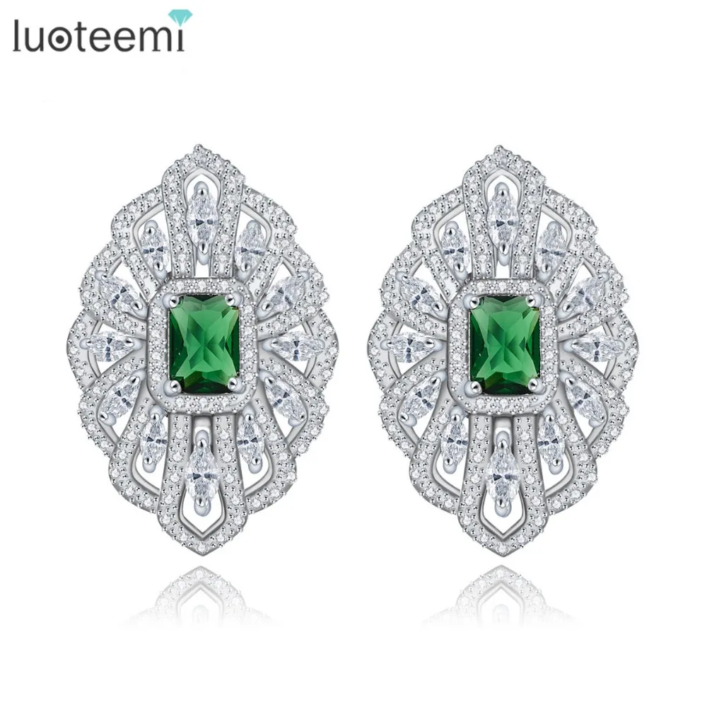 LUOTEEMI Rhodium Plated Brinco Bijoux Silver Color Green Glass Zircon font b Geometric b font French