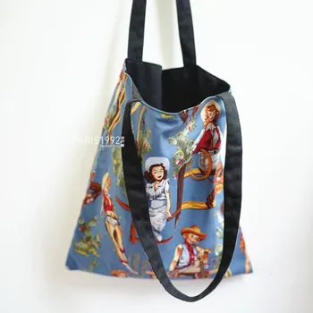 

Handmade creative canvas bag western girl pattern canvas bag student handbag women's shopping bag