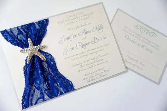 Blue Starfish Lace Wedding Invitation Destination Blue Starfish Lace Wedding Invitation Destination Cobalt Beach