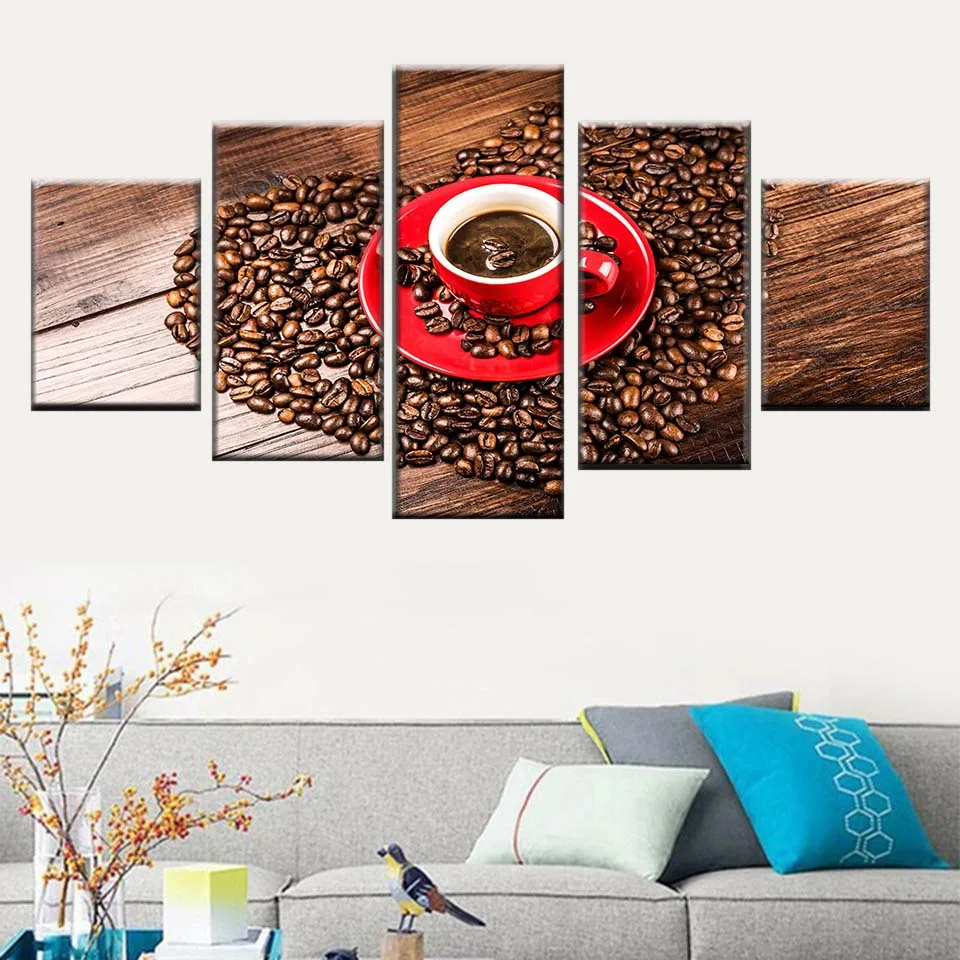 

HD Print Canvas Painting Modular 5 Piece Coffee Picture Heart Shaped Coffee Bean Poster Kitchen Wall Art Picture Home Decor