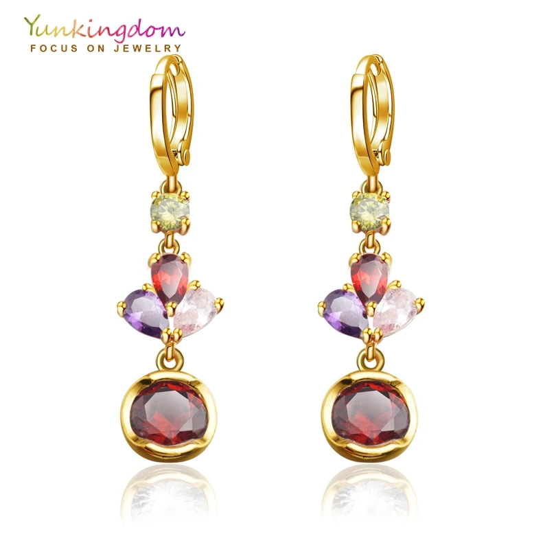 

Yunkingdom multicolor round crystal zircon long drop earrings for women wedding jewelry
