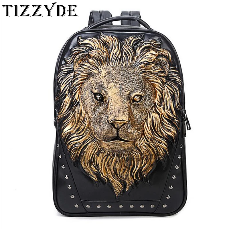 

Creative Lion PU Backpack Men large capacity laptop bag Casual Anti-theft Smart personality Rivets Zipper bag wx139