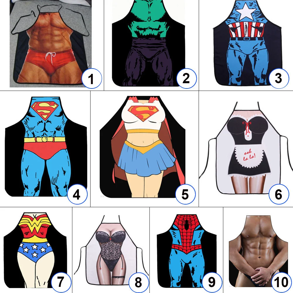 1 Pcs Creative 3D Funny Apron Super Hero Kitchen Apron Man Women Sexy Aprons Dinner Party Cooking Apron Adult Cuisine Pinafore