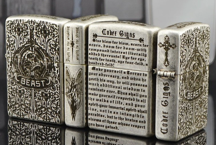 

wholesale 3pcs/lot Men brand Lighter Ancient silver etching Codex Gigas Satan hymn Five-sided carving