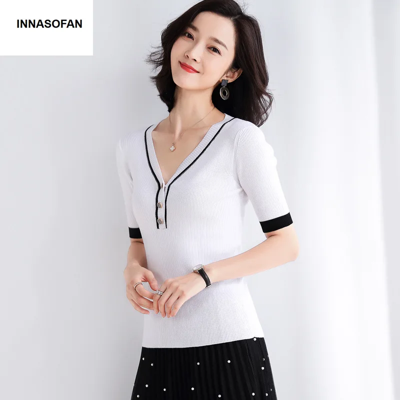 INNASOFAN Thin sweater Female Spring-Summer Knitted Eurasian fashion elegant short sleeve and V-collar  Женская | Отзывы и видеообзор