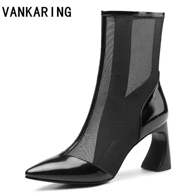 

brand black shoes air mesh ankle summer rain knee high boots woman thick high heels leather autumn booties platform dress shoes