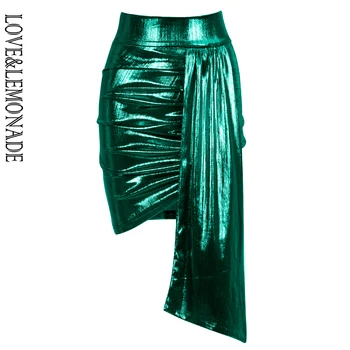 

LOVE&LEMONADE Sexy High Waist Green Folds Streamers Reflective Skirt LM81786
