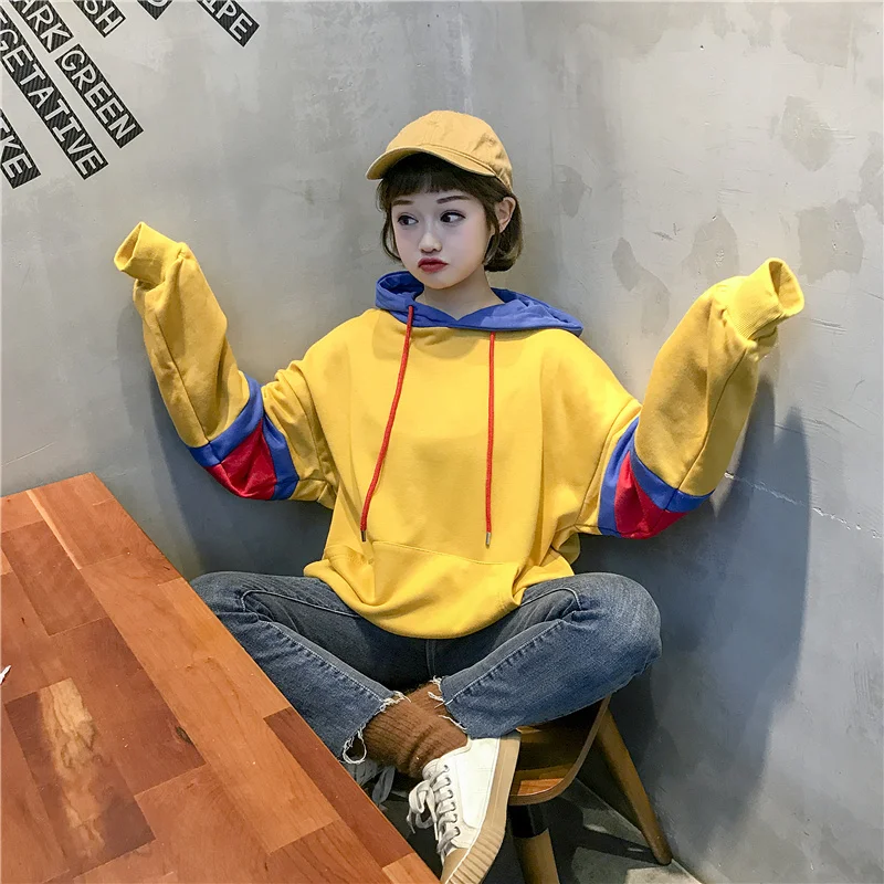 Для женщин кофты японский Harajuku Ulzzang Bf Colorblock толстовка с капюшоном женские