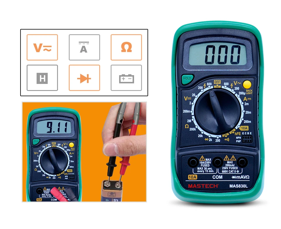 MASTECH MAS830L Мини цифровой мультиметр Подсветка Ручной многофункциональный мультиметр