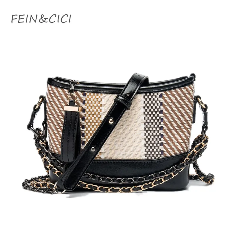 

striped bucket bags straw bag chains messenger bag famous luxury brand women summer crossbody leather handbag 2018 new