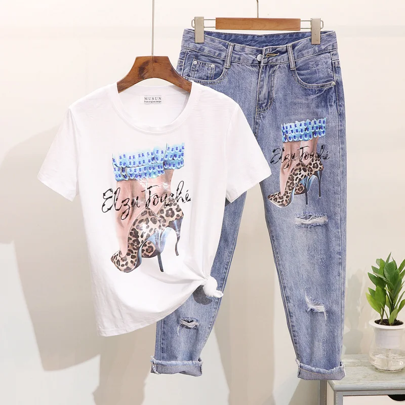 Femelle Nouveau Femmes Pantalon Mode Définit Denim Perles pink Chaussures Impression Été Paillettes Courtes black Trou Haute Printemps White De Costumes Manches Hauts IwrZITq